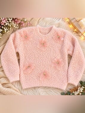 Woolen designer winter sweater - Soft Pink Floral Appliqué Bouclé Sweater